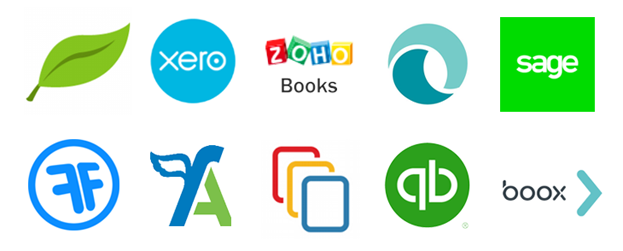 Integrations: Xero, Zoho Books, Sage, QuickBooks, FreshBooks